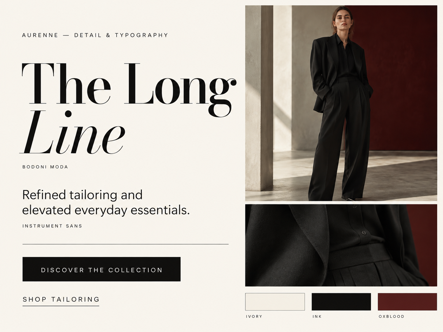 AURENNE typography study showing the Bodoni Moda headline, Instrument Sans body text and the ivory, ink and oxblood palette