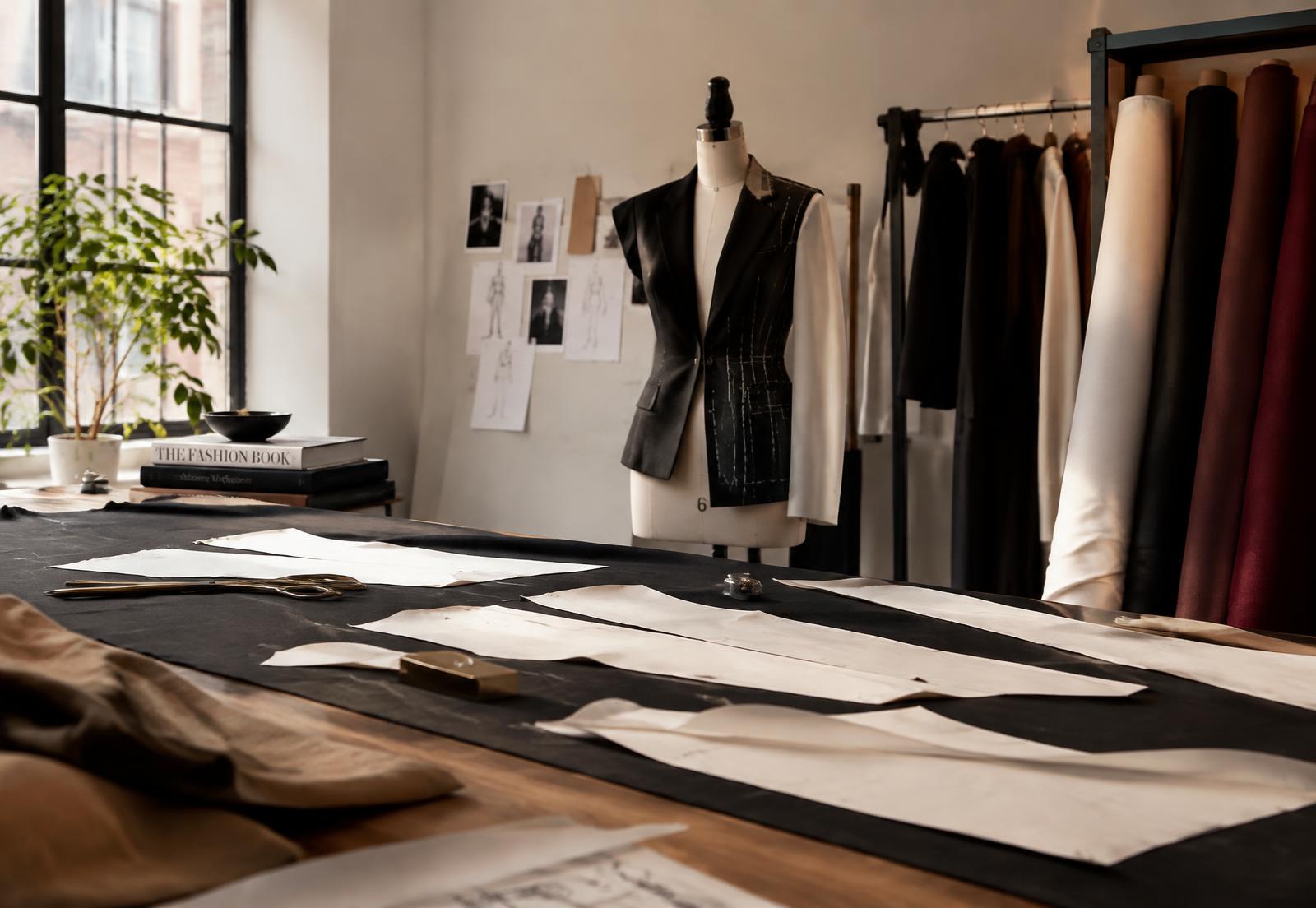 The AURENNE studio with pattern pieces and a dress form